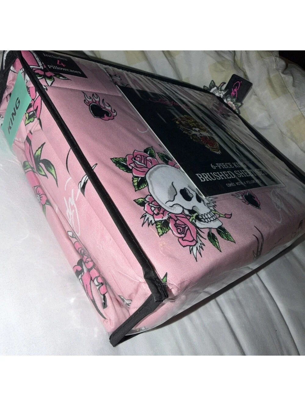 ED HARDY King Pink Sheet Set 6pc New Flowers Skull Roses Heart Grunge Y2K